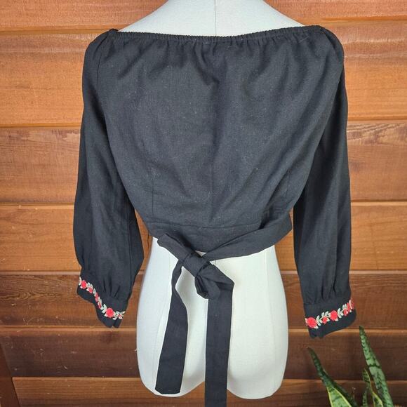 Herencia Collection Rose Embroidered Wrap Top L Cotton Linen Cottage Whimsigoth - Picture 6 of 12